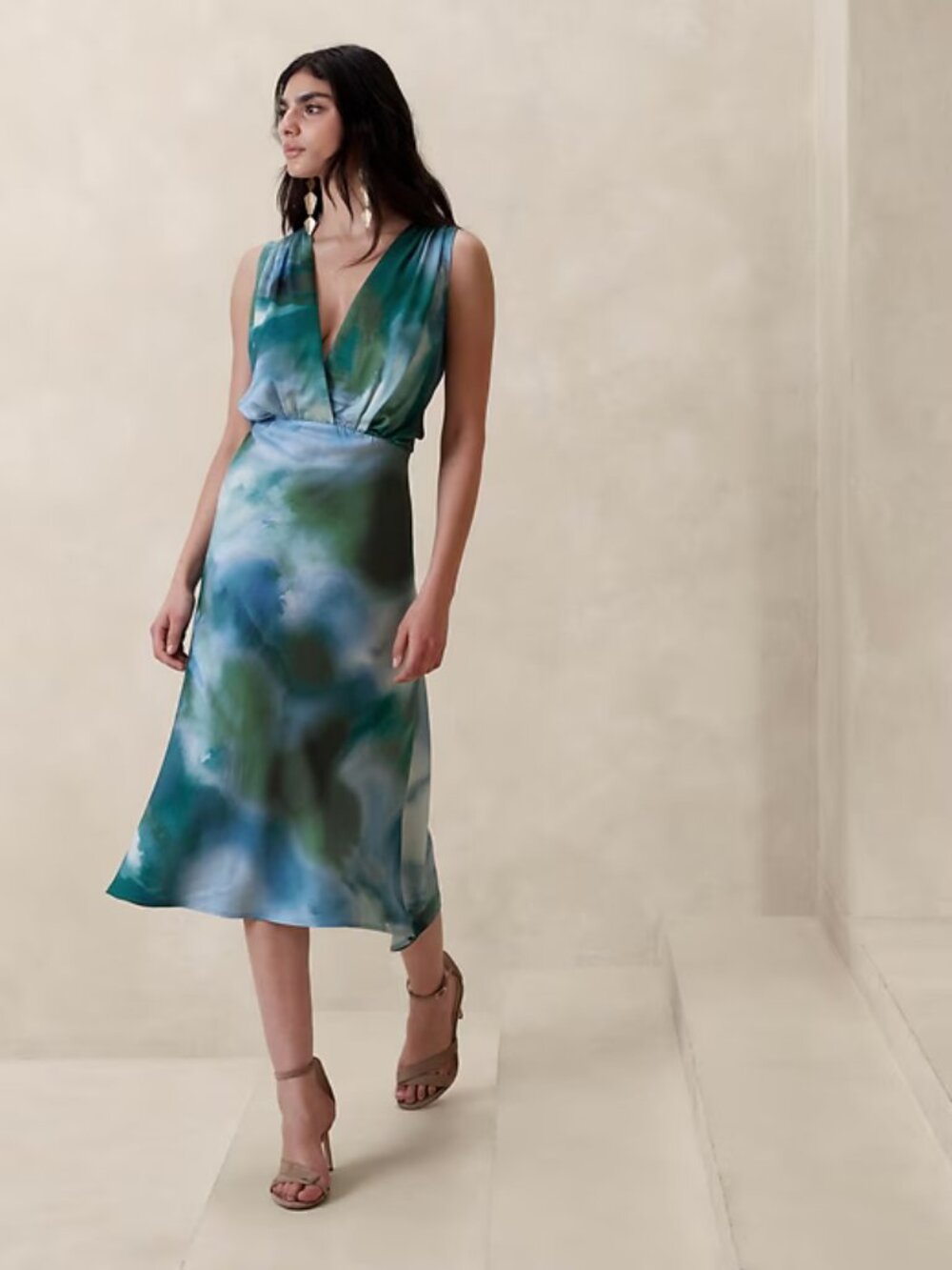 Jessie Satin Midi Dress-Banana Republic- sz M , Tie Dye Green -New,without tags